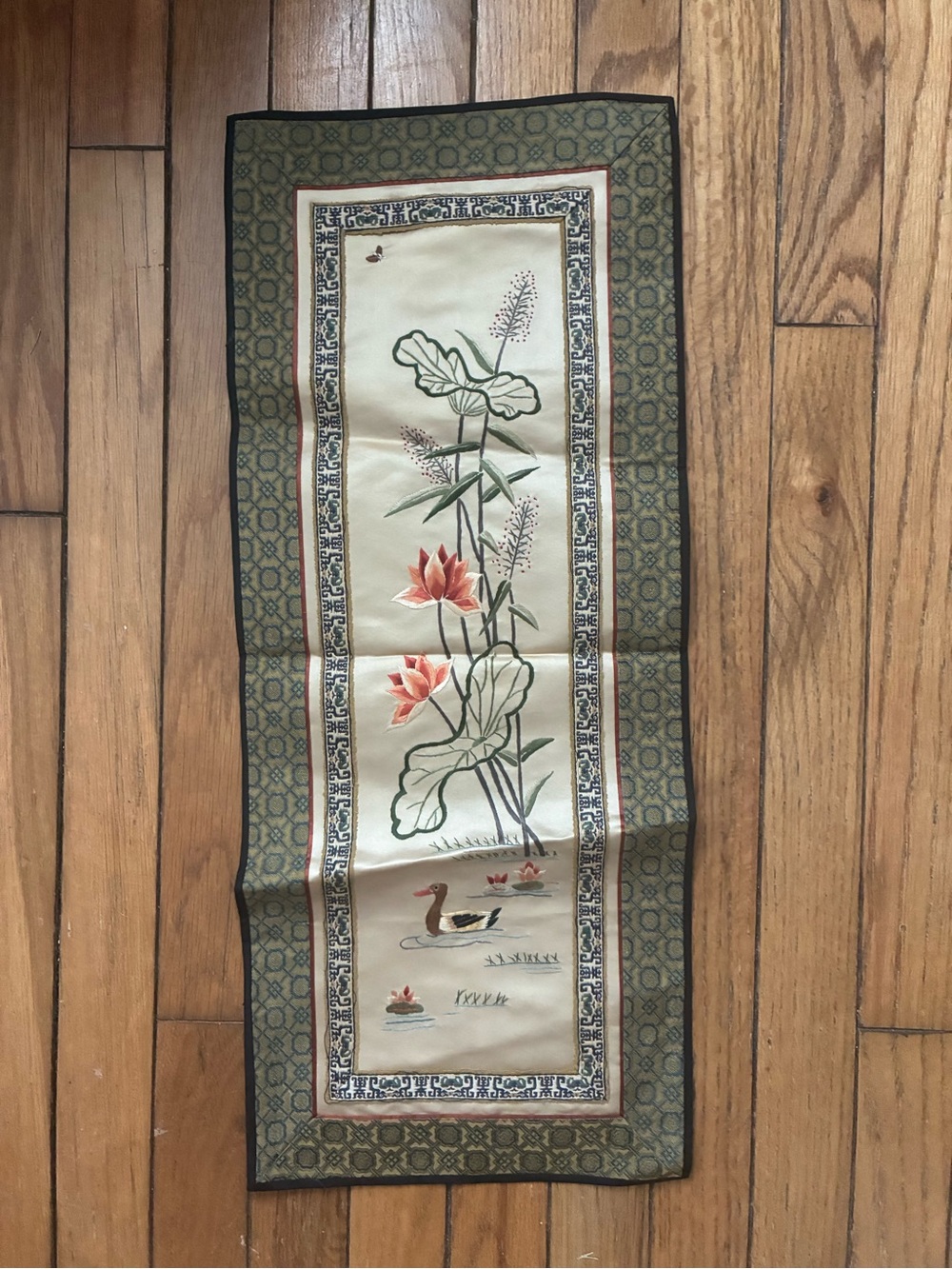 Vintage Chinese Silk Art, embroidery duck with lotus flower.